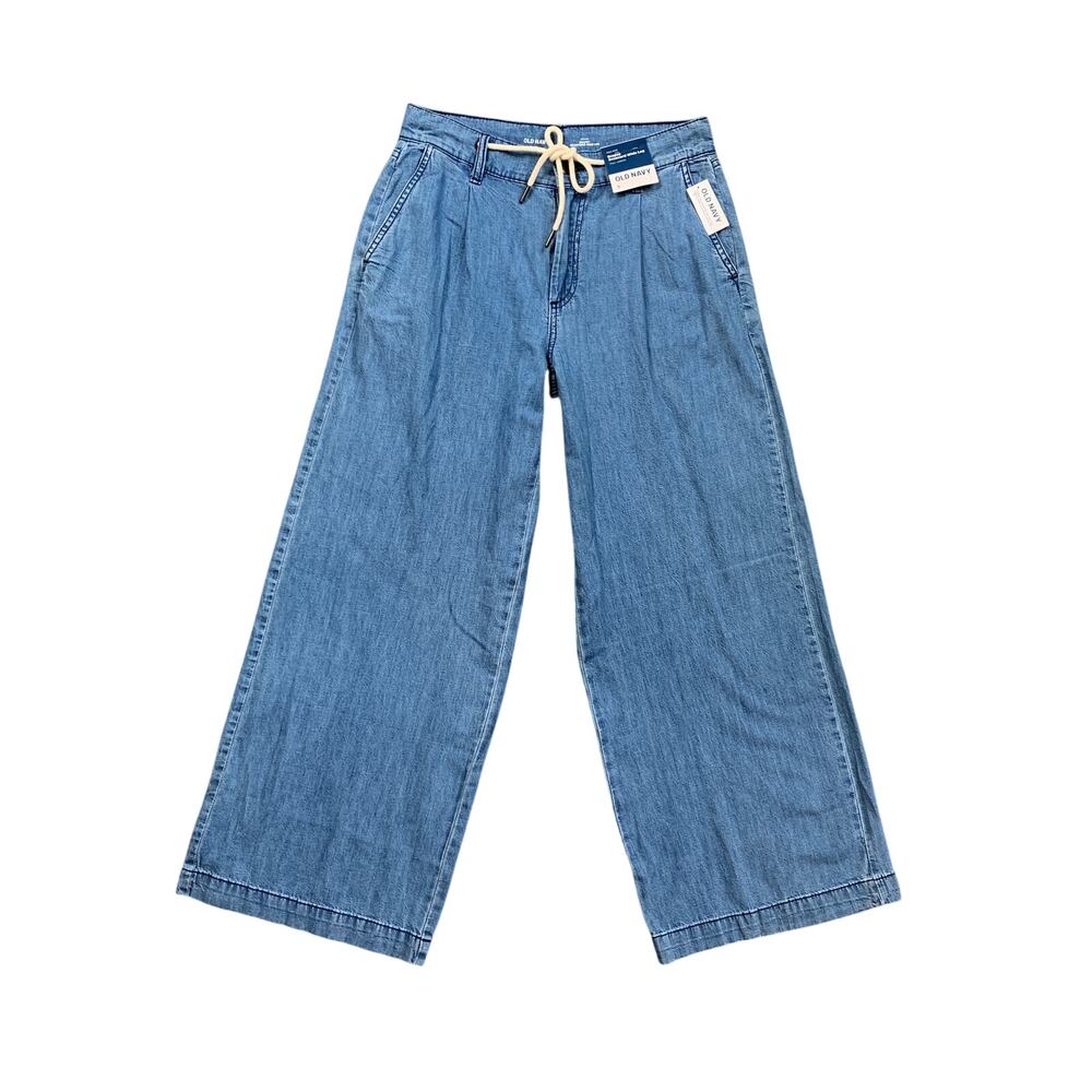 Old Navy Jeans Womens 2 Blue High Waisted Drapey Drawcord Wide Leg Chambray